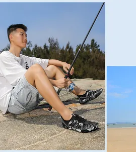 Escena de pesca al aire libre con zapatos de agua camuflaje en malla y tiras laterales