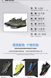 Detail of multi-color trekking shoes showing air layer mesh upper and anti-slip rubber sole