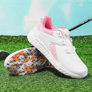 Scarpe da golf da donna impermeabili bianco-rosa con fibbia rotante e suola antiscivolo