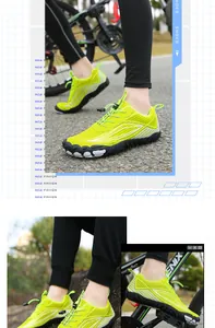 Detail of neon green water shoes with quick-lace system and anti-slip rubber sole