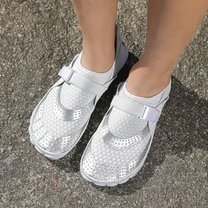 White five-toe barefoot water shoes for swimming and hiking with mesh and velcro straps