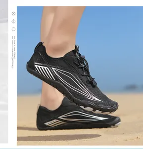Close-up of flexible outdoor water shoes with quick-lace system and mesh fabric