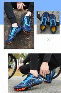 Detail of outdoor water shoes featuring anti-collision orange toe and elastic quick laces