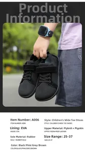 Detail shot of black kids wide-toe barefoot sneakers featuring breathable mesh upper