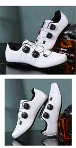 Detailed close-up of breathable white road cycling shoes with dual BOA dial closure system