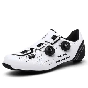 White carbon fiber road cycling shoes with dual rotary buckle closure and breathable holes