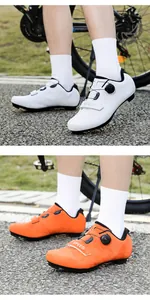 Detail of cycling shoes featuring BOA-style dial and SPEED strap on gravel path