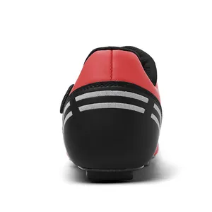 Detail of red and black road cycling shoe heel with dual silver reflective safety stripes