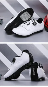 Macro shot of cycling shoes with dial closure system and breathable laser-cut holes