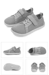 Multi-angle views of grey barefoot shoes for kids with breathable mesh and wide toe box
