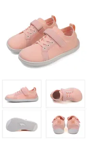 Detail views of pink kids barefoot sneakers showing breathable mesh and anti-slip rubber soles