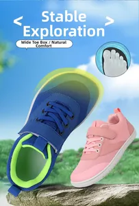 Detail view of wide toe box barefoot shoes with breathable mesh and Velcro straps