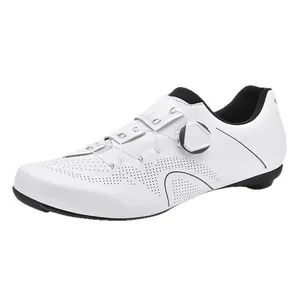 White professional road cycling shoes with breathable micro-perforations and rotary buckle