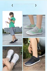 Detail of kids barefoot sneakers showing breathable mesh upper and velcro strap closure