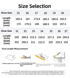Size chart for barefoot kids shoes showing measurements from 25 to 37 with measuring guide