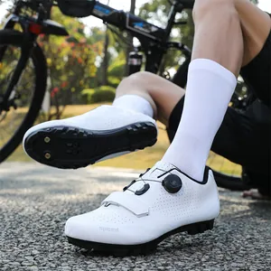 White professional cycling shoes with rotary buckle and breathable upper for road biking