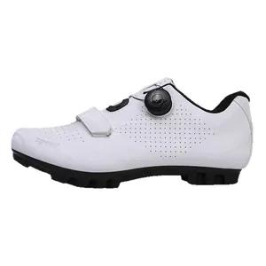 White professional cycling shoes with rotary buckle and breathable synthetic leather upper