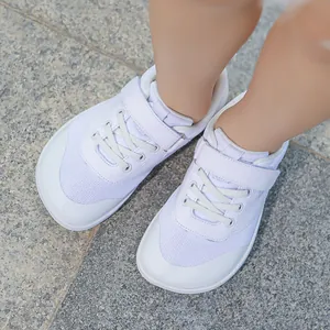 Toddler minimalist wide-toe barefoot sneakers in white mesh with hook and loop closure