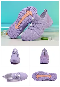 Detalle de zapatillas de trail moradas con malla transpirable y suela antideslizante