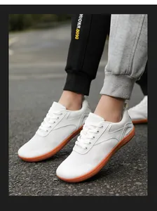 Outdoor wide-toe barefoot sneakers with white mesh upper and orange rubber non-slip sole