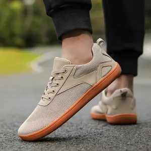 Men's breathable wide toe non-slip outdoor hiking shoes in khaki mesh with gum rubber sole