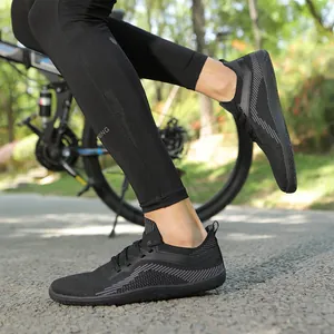 Breathable knit barefoot running shoes in black with grey stripes for outdoor cycling