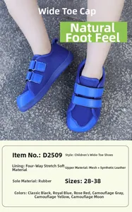 Detailed view of royal blue wide-toe kids shoe with double hook-and-loop straps
