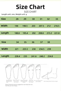Size chart for kids barefoot shoes covering sizes 28-38 with detailed length measurements