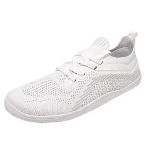 Breathable all-white wide toe box minimalist barefoot sneakers with knitted mesh