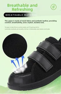 Detailed macro view showing breathable large-mesh fabric and dual velcro on kids shoes