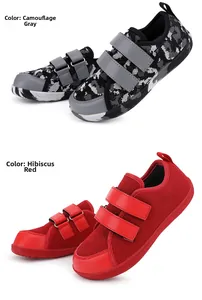 Detailed comparison of camouflage grey and begonia red wide-toe kids trekking shoes