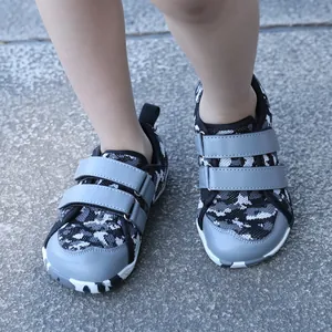 Kids barefoot hiking shoes with gray camo knit upper and adjustable velcro straps