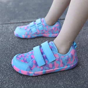 Kids barefoot hiking shoes with sky blue camo pattern and dual hook-and-loop straps