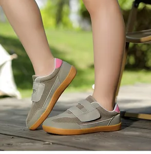 Outdoor side view of kids barefoot hiking shoes with breathable mesh and gum rubber sole