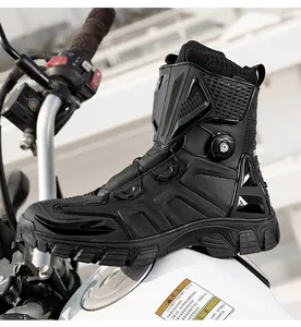 Detail of waterproof motorcycle boot with knob lacing system and protective gear pads