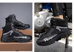 Vue détaillée des bottes de moto noires avec fermetures éclair et semelles antidérapantes
