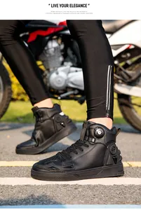 Detail of waterproof motorcycle boots with rotary buckle system for riders