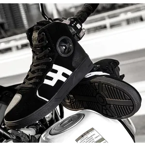 Close-up of black high-top motorcycle boots with anti-slip rubber soles on a bike