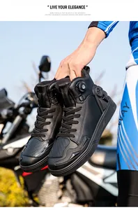 Detail of waterproof motorcycle boots with automatic knob lacing and reinforced gear pad
