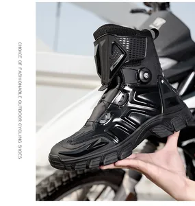 Close-up of waterproof motorcycle boot with rotating knob buckle and non-slip sole