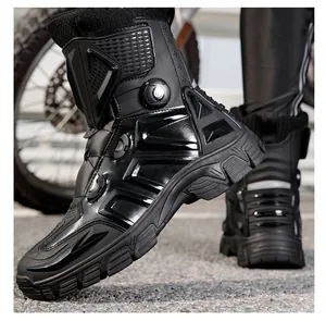 Detail of waterproof motorcycle boots with knob lacing system on asphalt road