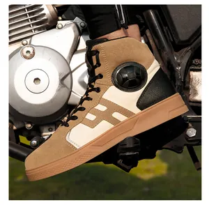 Detail view of khaki waterproof motorcycle boots with side protector and non-slip rubber sole