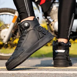 Waterproof motorcycle riding boots with auto-knob laces and reflective safety strips