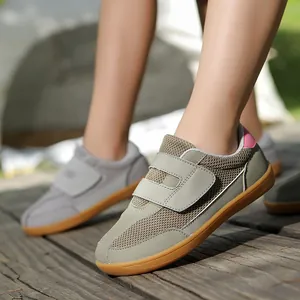 Kids barefoot walking shoes in grey-green mesh with non-slip rubber soles for outdoor