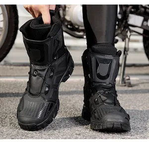 Detail of waterproof motorcycle boots with reinforced side support and deep tread rubber sole