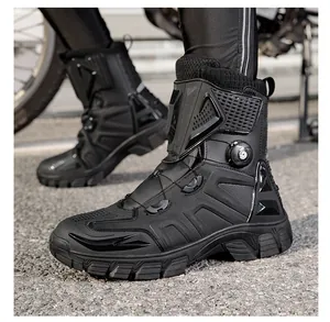 Detail of waterproof motorcycle riding boots with rotary knob lacing and ankle protection