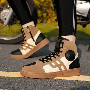 Waterproof high-top motorcycle boots in khaki and black leather with anti-slip rubber soles