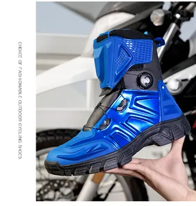 Macro shot of waterproof motorcycle boots with buckle system and non-slip rubber soles