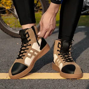 Waterproof motorcycle boots for men with high-top design and side zipper in brown leather