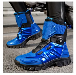 Macro shot of blue waterproof motorcycle boots with knob lacing and protective armor
